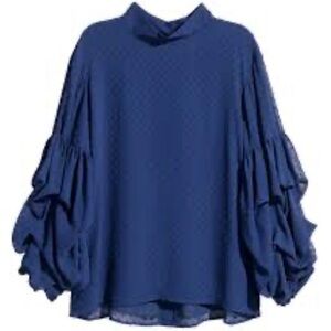 H&M Dark Blue Plumeti Blouse Gathered Li g Sleeve Women’s Size 14